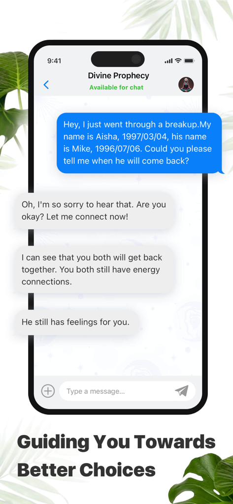 A smartphone interface showing a live chat in the Dimood app between a user and a spiritual advisor discussing relationship advice after a breakup