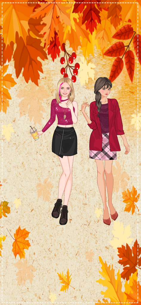 Autumn fashion dress up game - Dos chicas con elegantes conjuntos de otoño con café sobre un fondo de hojas otoñales.
