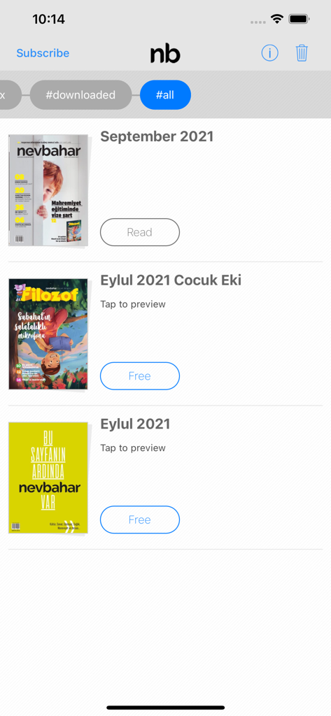 Biblioteca digital en la aplicación Nevbahar que muestra las ediciones mensuales de la revista turca para niños.