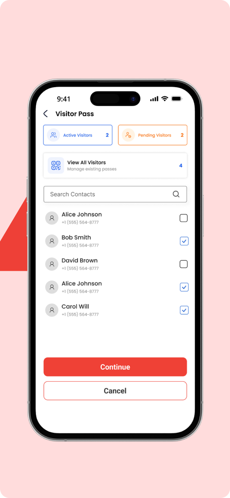 Rescuetap - RescueTap mobile app screen for managing active and pending visitor passes.