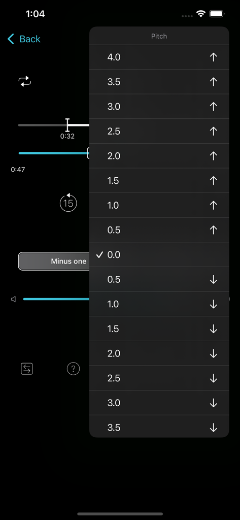 Interface of Music-1G app showing the pitch control adjustment menu for audio files.