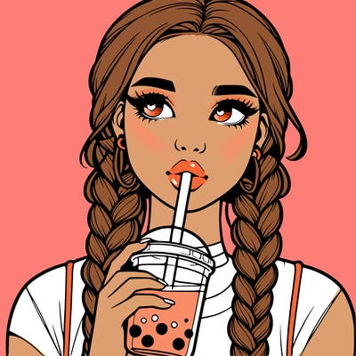 realistic girl with braided hair drinking boba