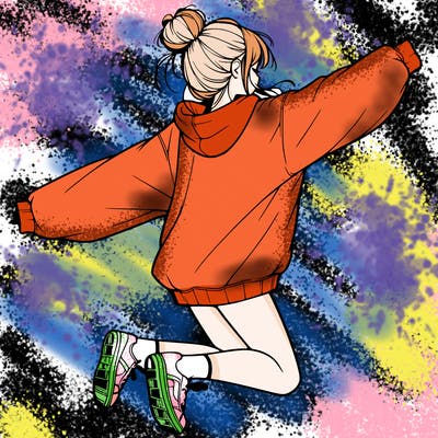 realistic girl jumping with a bun and oversized sweatshirt
