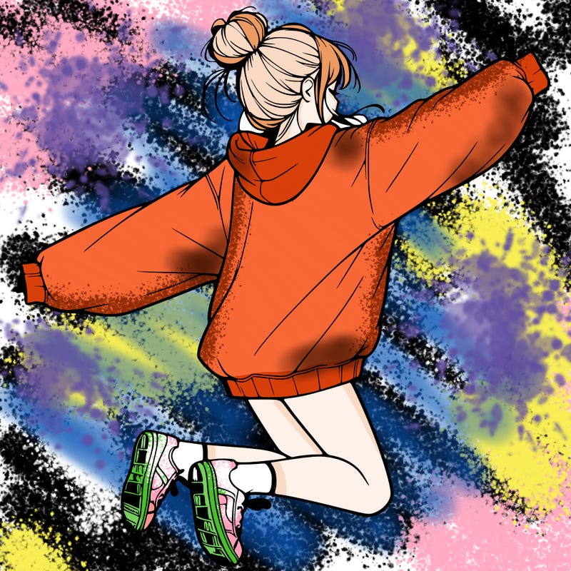 realistic girl jumping with a bun and oversized sweatshirt