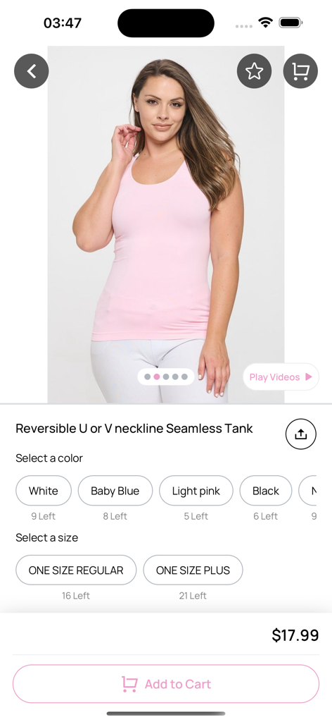 Off The Branch - Product page in the Off The Branch mobile app showing a light pink reversible seamless tank top with size and color selection options.