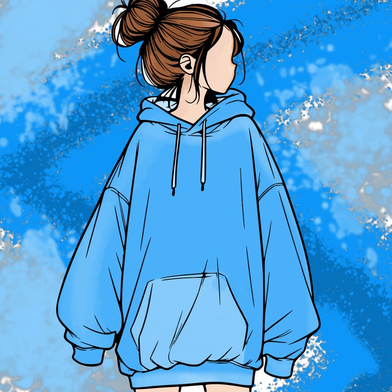 realistic girl with a oversized sweatshirt on and a bun