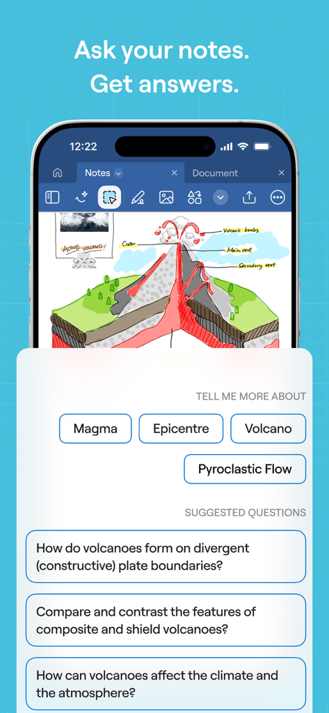A screenshot of Goodnotes showing an AI interface that generates questions and answers from handwritten notes of a volcano diagram.