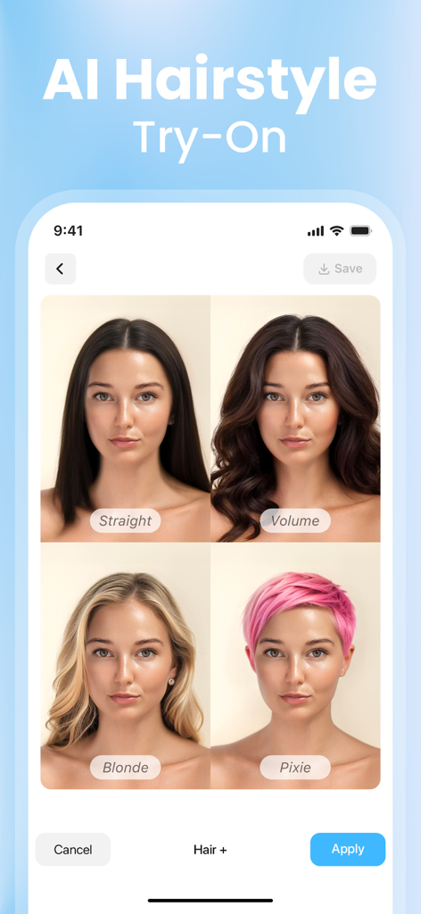 Hair AI: Hairstyle Filter, Cut - Una donna che prova quattro diverse acconciature tra cui un pixie cut dritto, voluminoso, biondo e rosa usando un'app filtro acconciature AI.