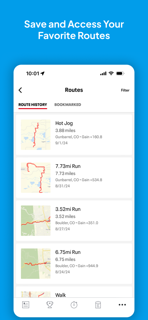Map My Run GPS Running Tracker - 거리와 지도 미리 보기가 포함된 저장된 러닝 경로 목록을 표시하는 Map My Run 앱 인터페이스입니다.