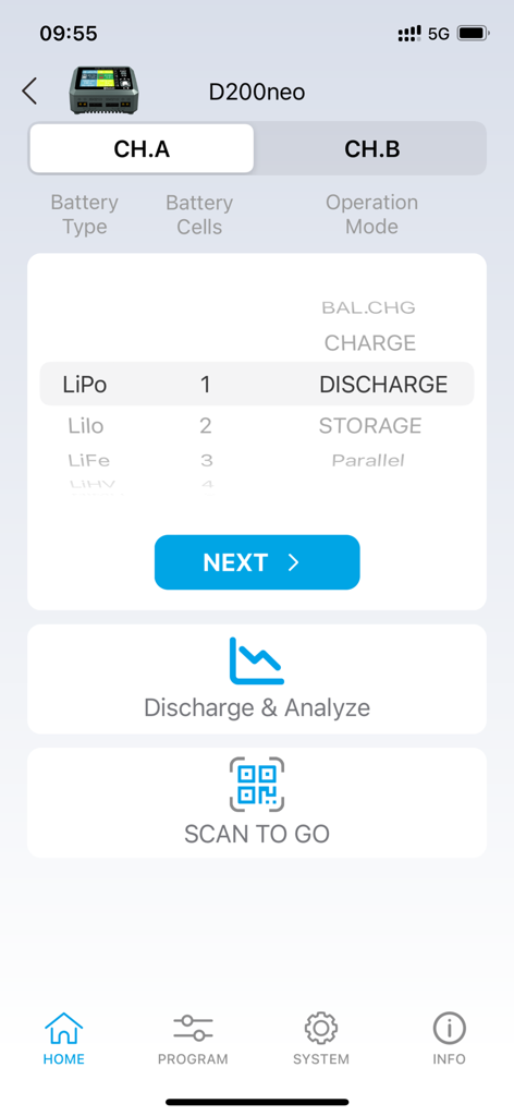 SkyCharger app interface for configuring LiPo battery discharge settings