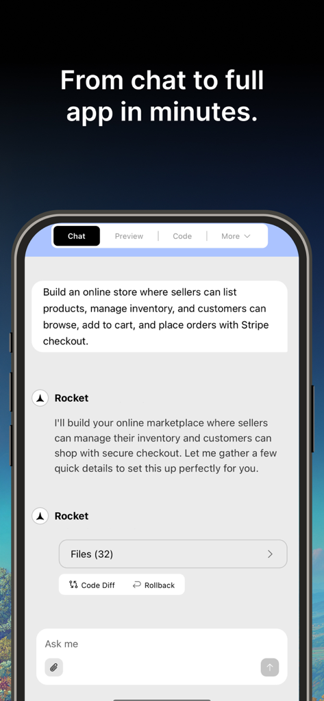 Rocket app chat interface showing a user request to build an online store and AI-generated project files.