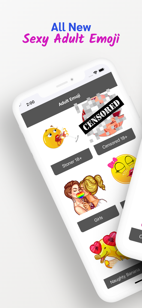 App interface for Adult Emoji showing a collection of naughty and flirty stickers for sexting