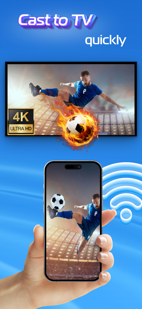 Smartphone casting a soccer match to a 4K smart TV screen wirelessly