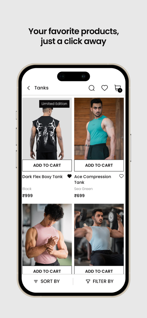 Athflex - A mobile interface for the Athflex app showing a curated collection of men's gym tank tops including compression and oversized styles.