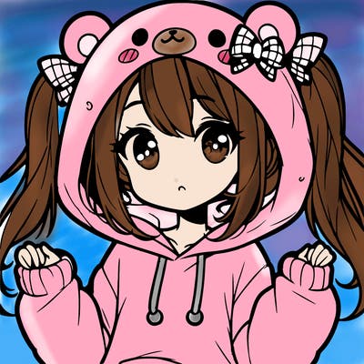 cute anime girl with ponytails and a cute bear hoodie