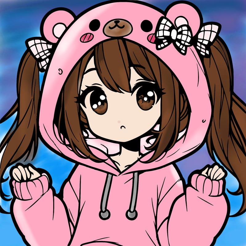 cute anime girl with ponytails and a cute bear hoodie