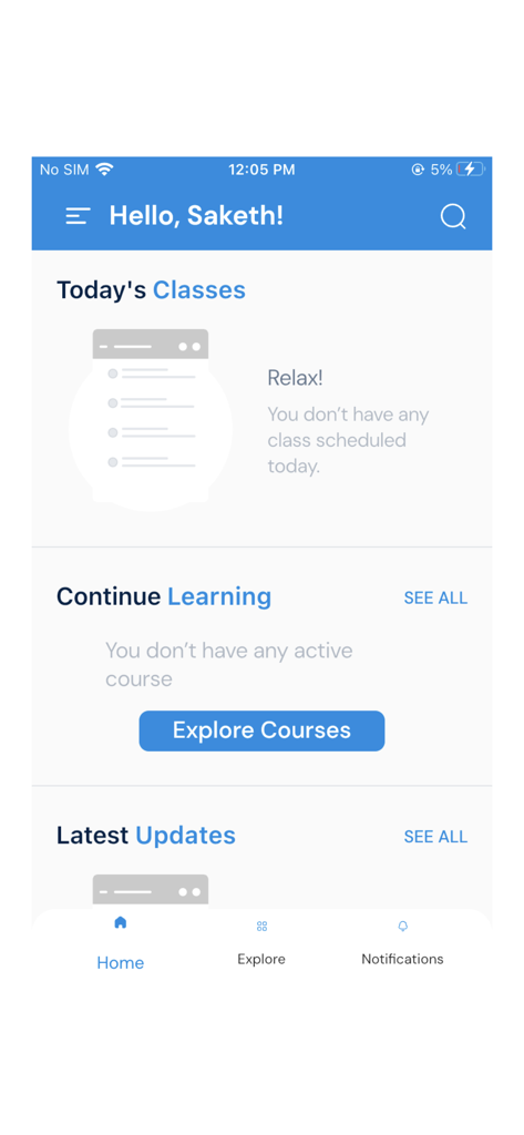 Academically - The home dashboard of the Academically mobile app showing a personalized greeting and class schedule sections.