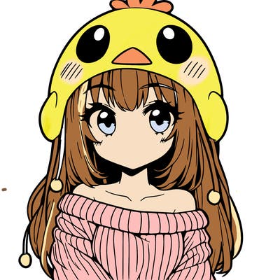 anime girl with chick shaped hat with sweater with bare shoulders with bangs covering them one eye with low tail