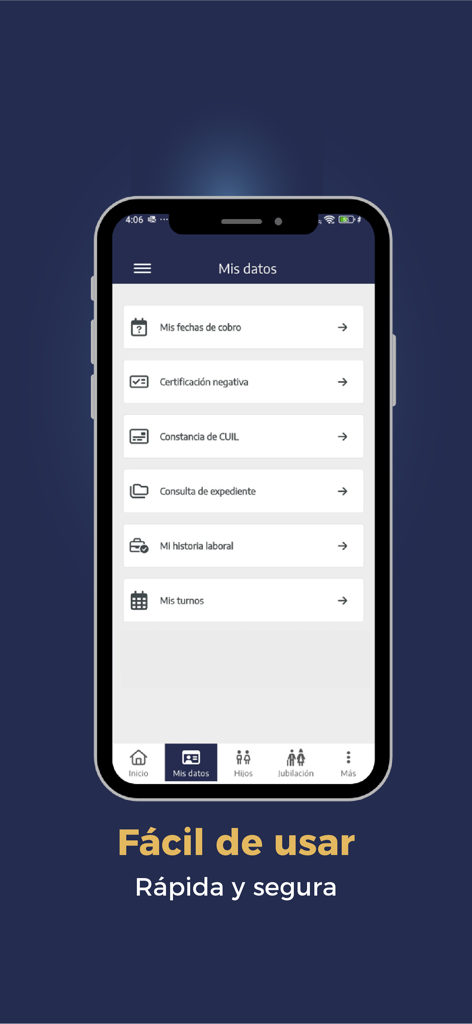 Menú de la app mi ANSES mostrando opciones para trámites de seguridad social como certificado CUIL e historial laboral