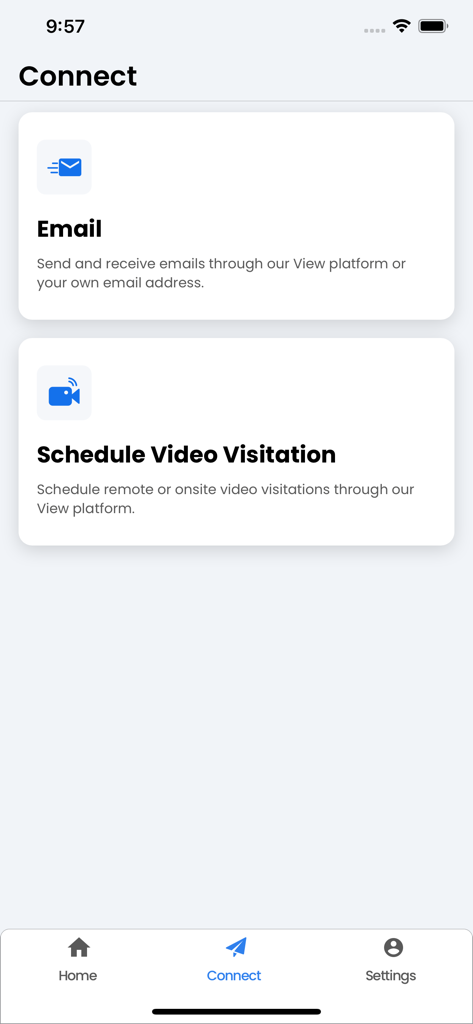 InmateSales - InmateSales mobile app Connect screen displaying options for Email and Schedule Video Visitation