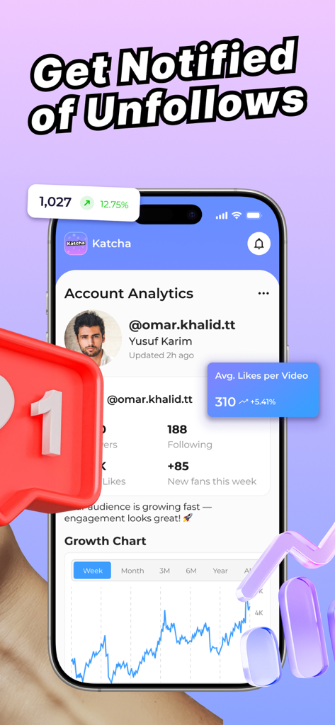Katcha : social media tracker - Katcha app interface displaying social media account analytics and follower growth chart