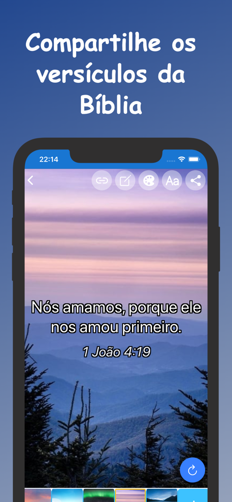 Bíblia Adventista: Meditação - Tela de um celular mostrando um versículo bíblico de 1 João 4:19 sobreposto a um fundo de paisagem montanhosa com um recurso para compartilhá-lo.