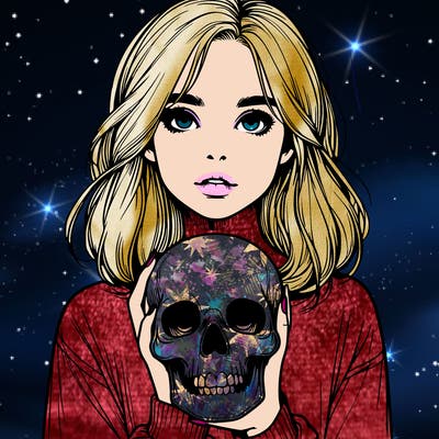 realistic girl holding a skull