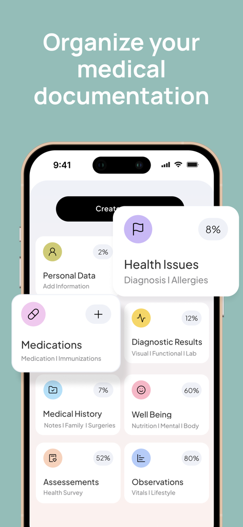 Lify: health manager, my chart - A mobile interface of the Lify app showing various health management categories like medications and diagnostic results.