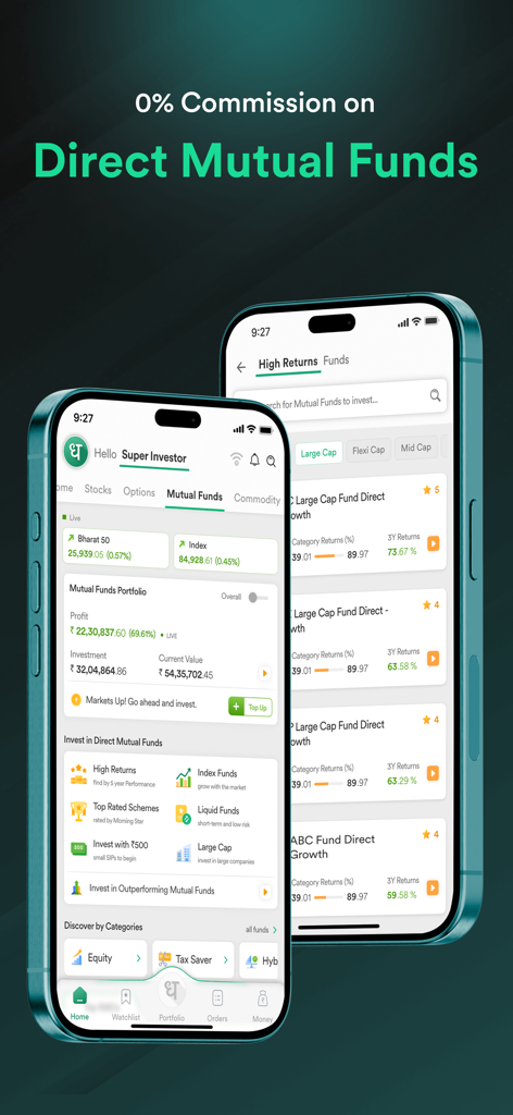 Dhan: Share Market Trading App - Dhan app interface showing zero commission direct mutual funds for Indian stock market investors