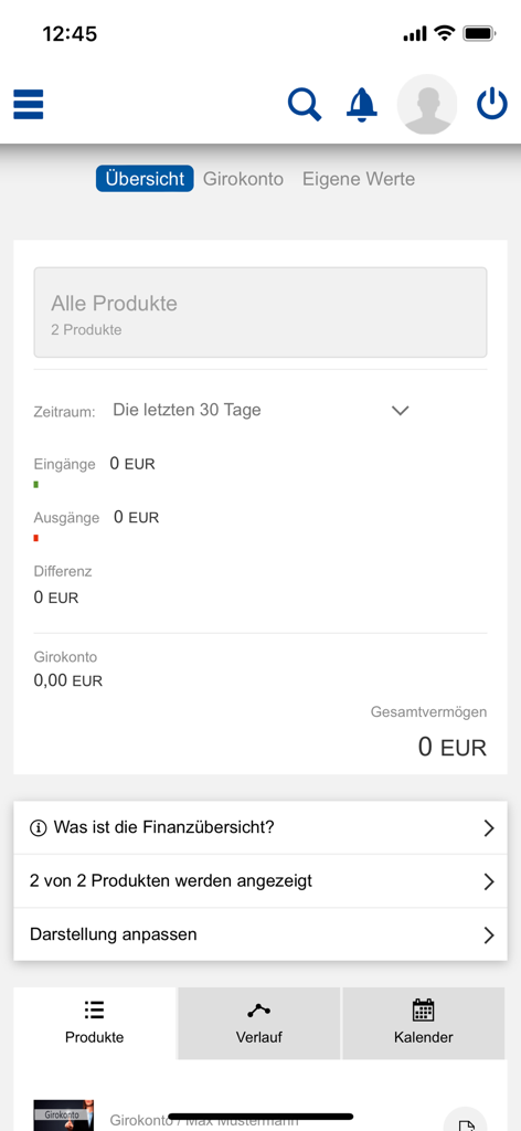 Bank Burgenland Banking - Pantalla de resumen financiero de la aplicación Bank Burgenland Banking que muestra saldos de cuenta y un resumen de transacciones de 30 días.