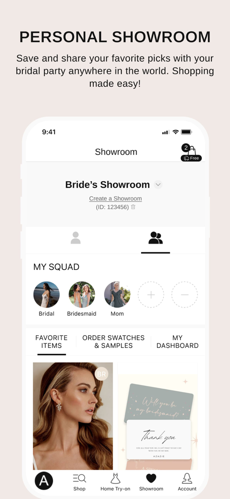 Pantalla de showroom personal de la aplicación Azazie que muestra la coordinación del cortejo nupcial y la selección de vestidos.