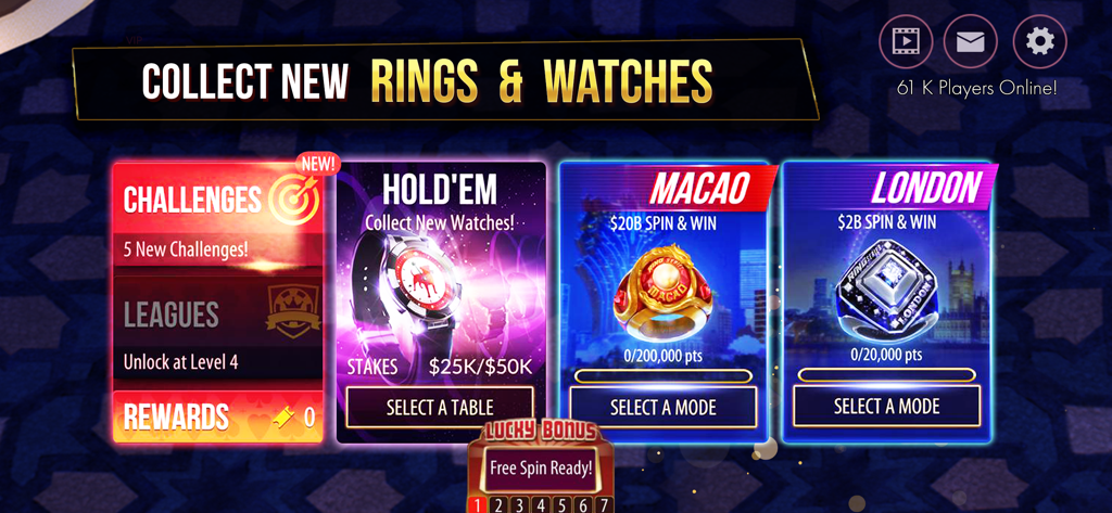 Zynga Poker ™ - Texas Hold'em - Interface du jeu Zynga Poker présentant les modes Macao et Londres avec des bagues et des montres à collectionner