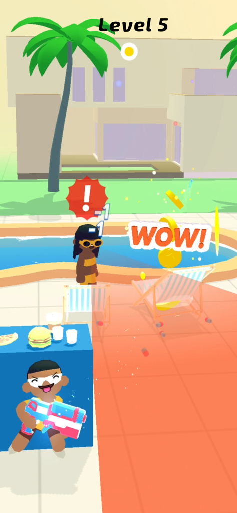 Epic Prankster: Hide and shoot - モバイルゲームで、キャラクターが青いカウンターの後ろに隠れて、プールサイドにいる人にブラスター銃を向けている。