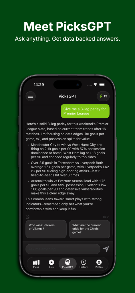 AI Powered Picks - Heatpicks - Captura de pantalla de la aplicación Heatpicks que muestra al asistente de IA PicksGPT proporcionando un parlay de 3 ligas respaldado por datos para fútbol de la Premier League.