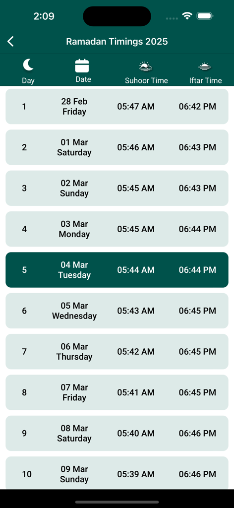 A table listing Ramadan 2025 dates with corresponding Suhoor and Iftar times