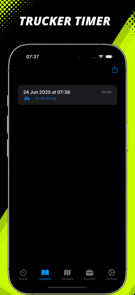 Trucker Timer app logbook interface showing a driving time entry on iPhone in dark mode