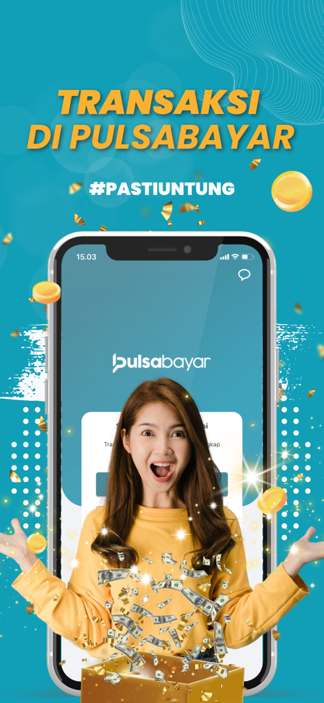 Una mujer celebrando transacciones en la aplicación Pulsabayar con monedas y dinero flotantes