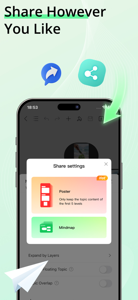 EdrawMind: AI Mind Map, Notes - EdrawMind Mobile App-Bildschirm zeigt Optionen zum Teilen als Poster oder Mindmap