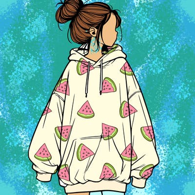 realistic girl with a oversized sweatshirt on and a bun