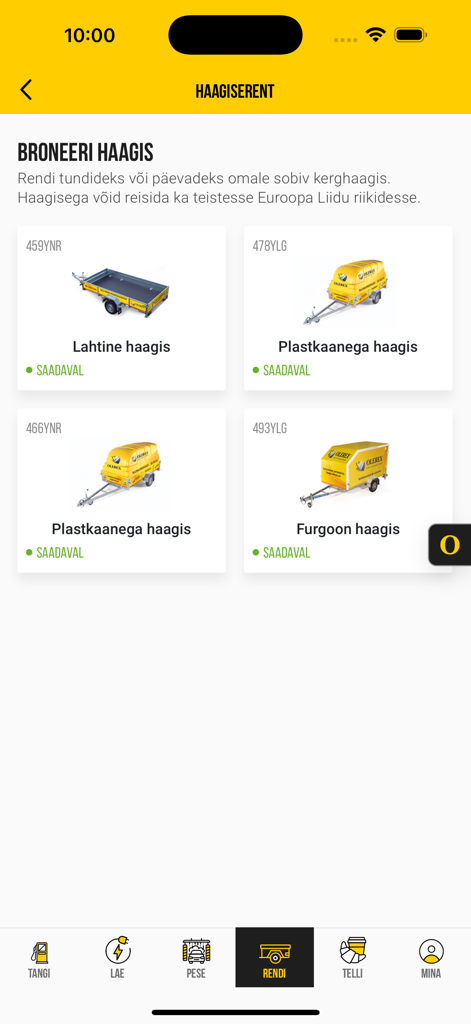 Schermata dell'app mobile Olerex che mostra le opzioni di noleggio rimorchi disponibili, inclusi rimorchi aperti e chiusi