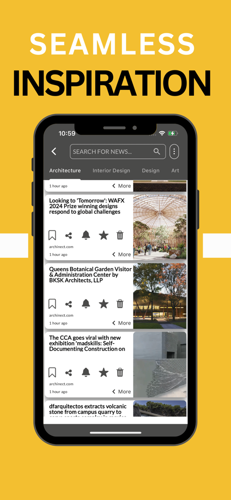 BLENDIN - Design News Inshort - Un smartphone mostrando el feed de noticias de arquitectura de la aplicación BLENDIN con el titular Inspiración Fluida
