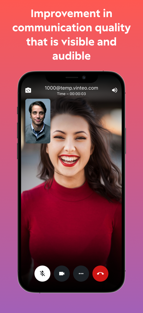 Vinteo - Ein mobiler Bildschirm, der die Benutzeroberfläche der Vinteo-App während eines hochauflösenden Videoanrufs zwischen zwei Fachleuten zeigt