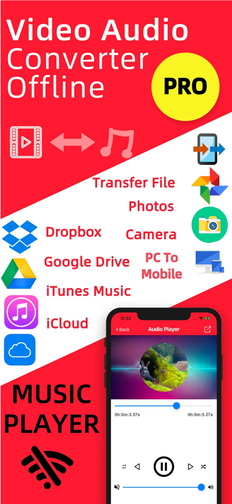 Video Audio Converter Offline PRO app interface showing cloud storage integrations and music player feature