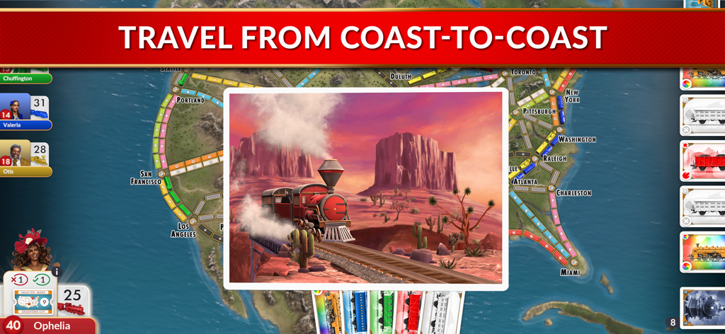 Gameplay screenshot of Ticket to Ride showing the North American map and a steam locomotive illustration
