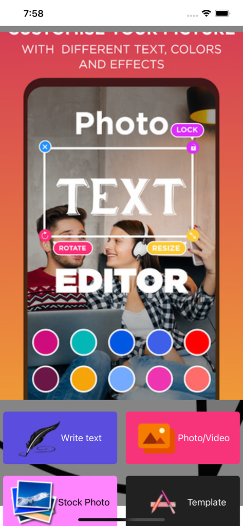 Interface do aplicativo móvel do Editor de Texto Tuba mostrando opções de personalização de texto, incluindo redimensionamento, rotação e paleta de cores em uma foto de um casal.