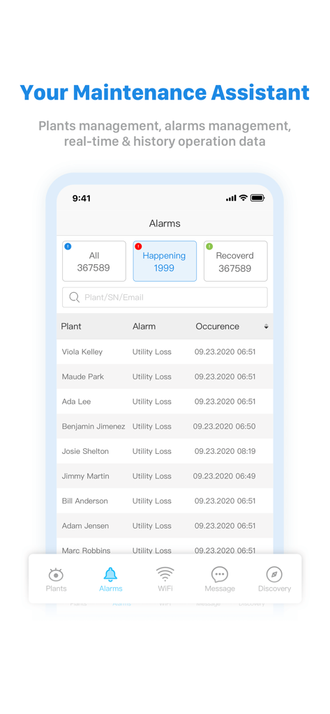 SEMS Portal app dashboard displaying maintenance alarms and utility loss status for solar plants