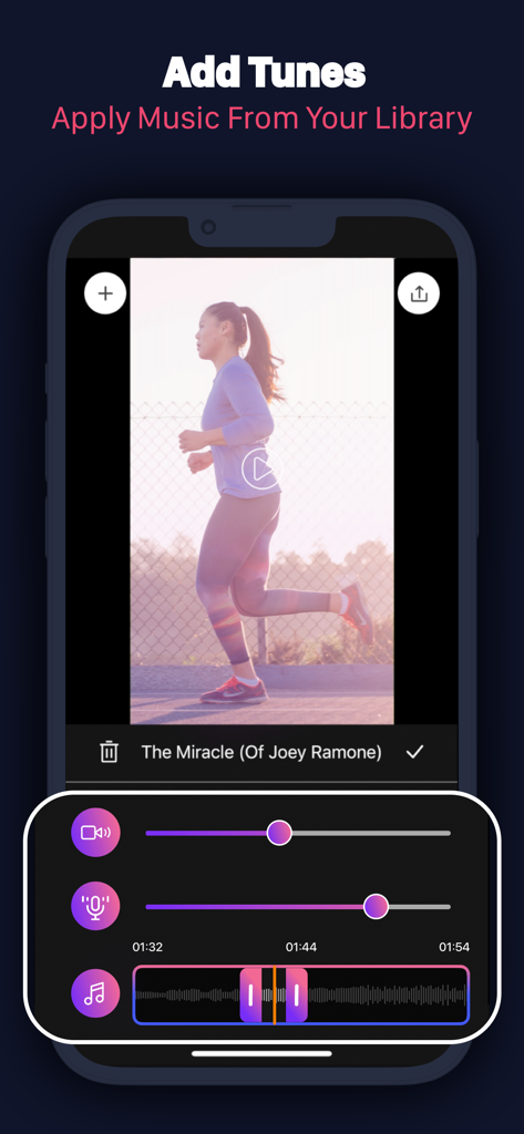 Slow Motion Video Maker Editor - Slow motion video editor app interface showing the add tunes feature with music volume sliders and a video preview of a woman running