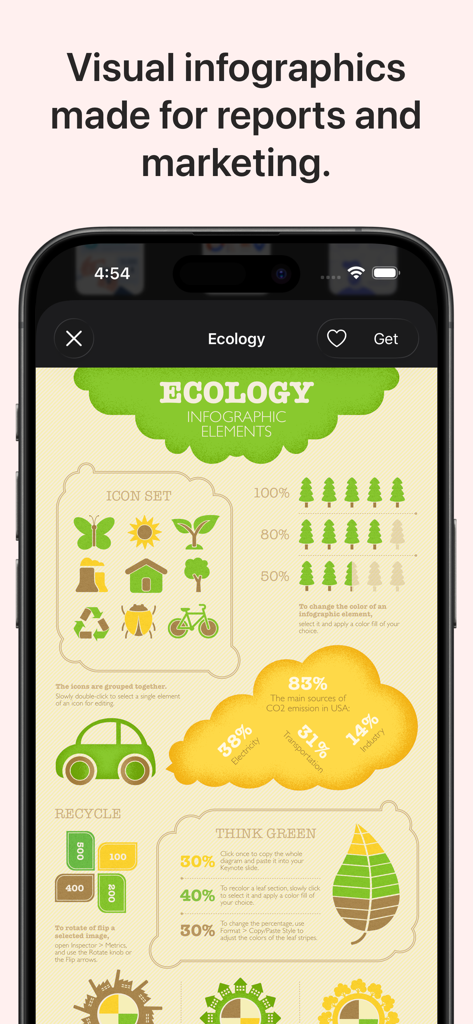 Plantilla de infografía ecológica para informes y marketing en la aplicación Toolbox for iWork.