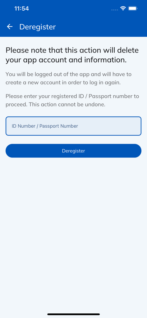 Ampath app deregister account screen with ID or passport number field
