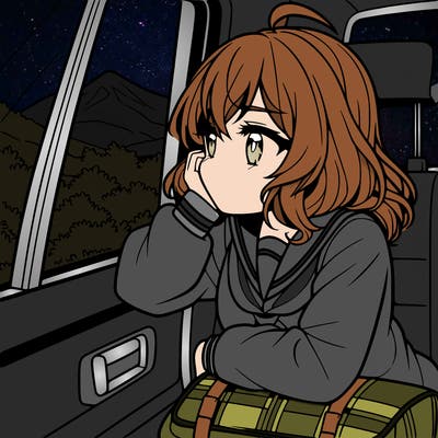 anime girl sighing with elbow on window sill on the back seat of the car looking outside the window of the car
